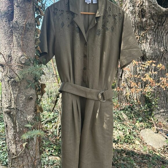 Together Green Notched Collar Shirt Romper with Belt Lace Detail - Picture 10 of 12